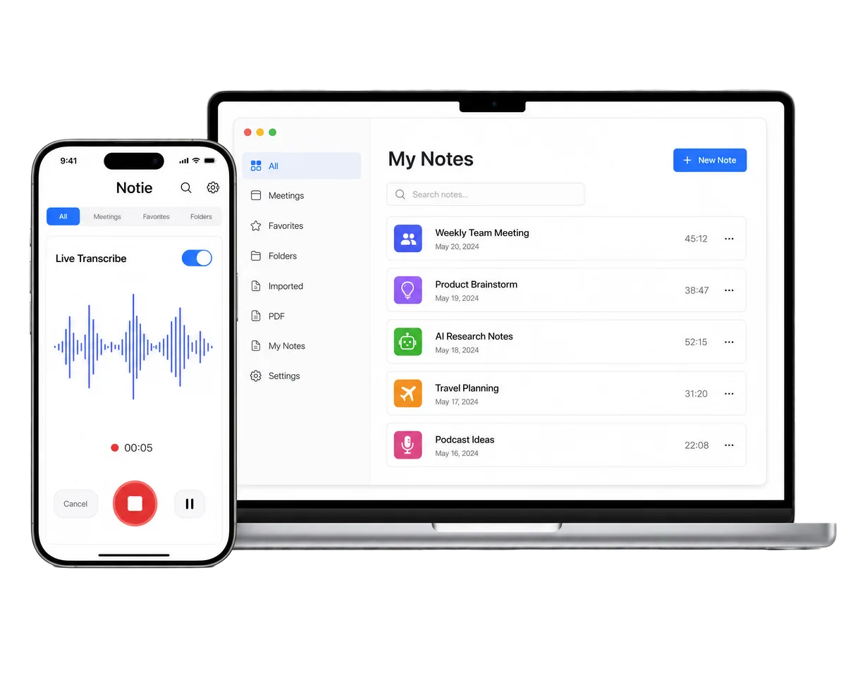 Notie AI note taker on mobile and desktop showing a meeting summary