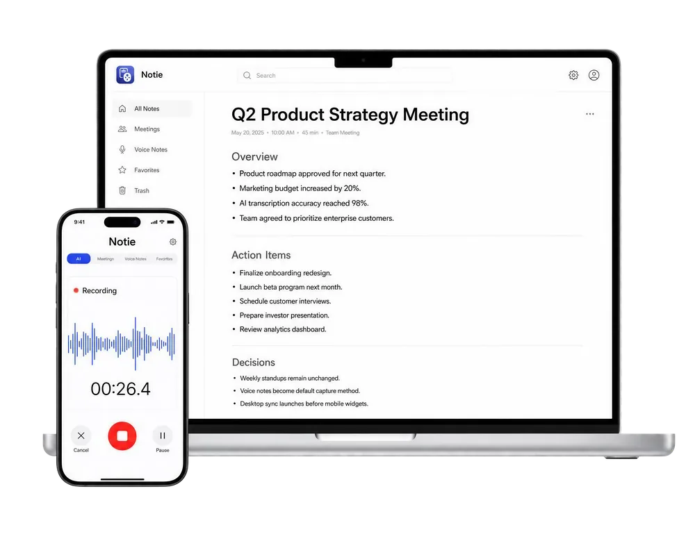 Notie app on phone and desktop