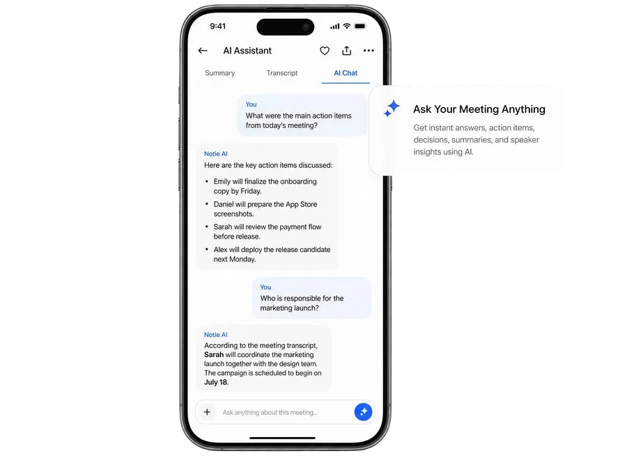 Notie AI chat answering a question about meeting action points