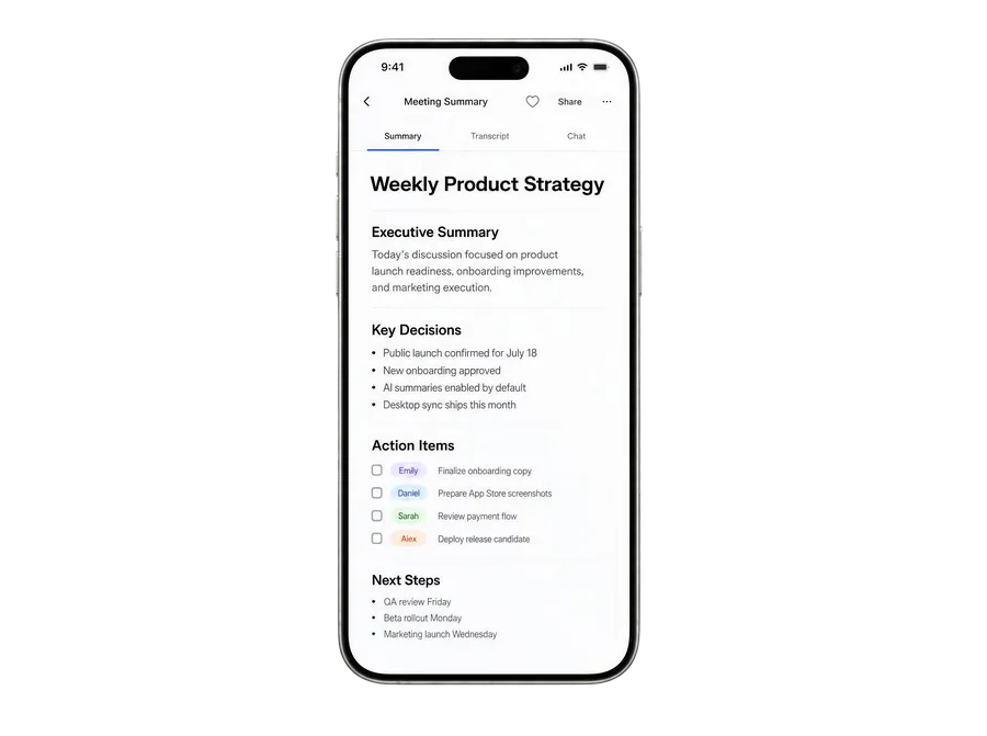 Notie app showing a structured meeting summary with key insights and action items