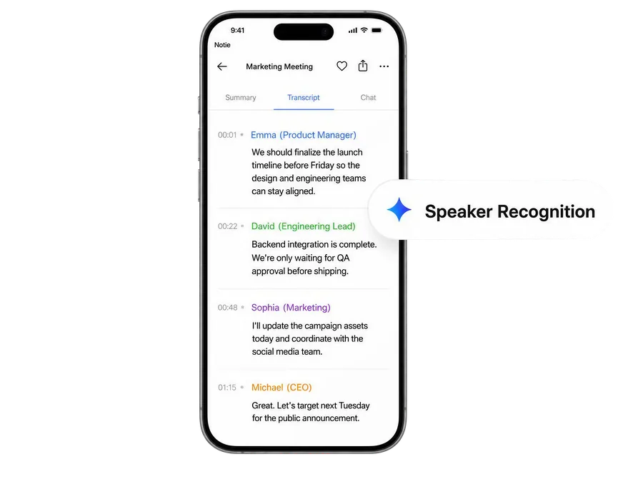 Live transcript with speaker identification in the Notie app