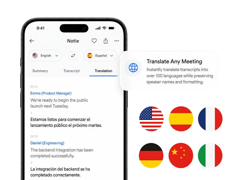 Notie translating a meeting into multiple languages